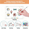 A hand holds a white stylus drawing on an iPad screen, demonstrating various artistic uses like note-taking, sketching, draft