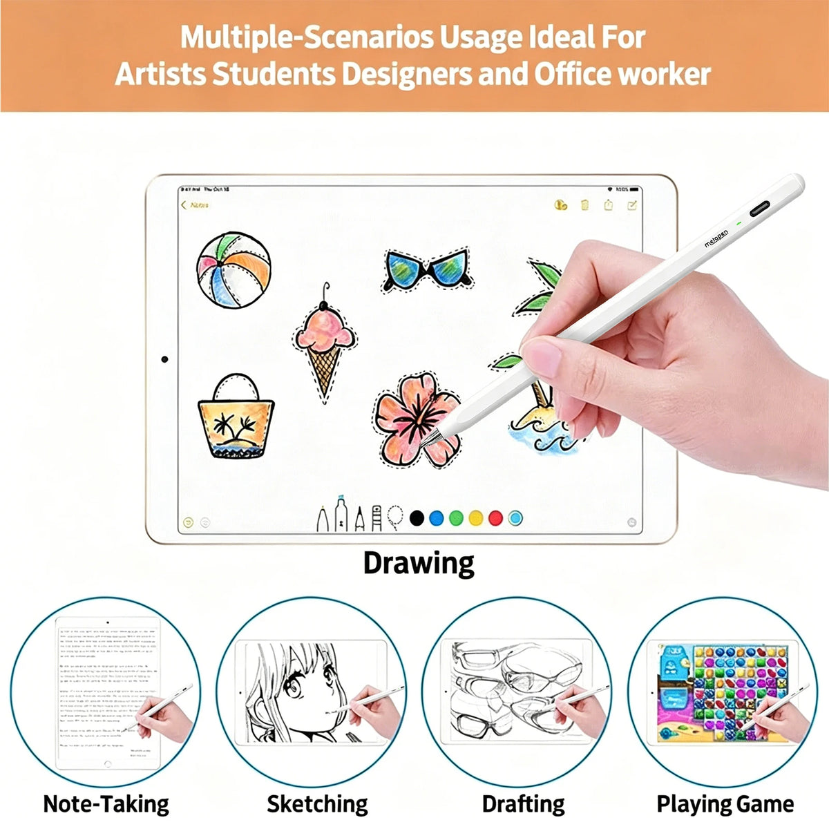 A hand holds a white stylus drawing on an iPad screen, demonstrating various artistic uses like note-taking, sketching, draft