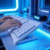 A close-up of a white adjustable keyboard tray riser set on a desk with blue LED lighting and computer equipment.