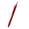 A red ballpoint pen with a mechanical pencil and gravity sensor feature visible.