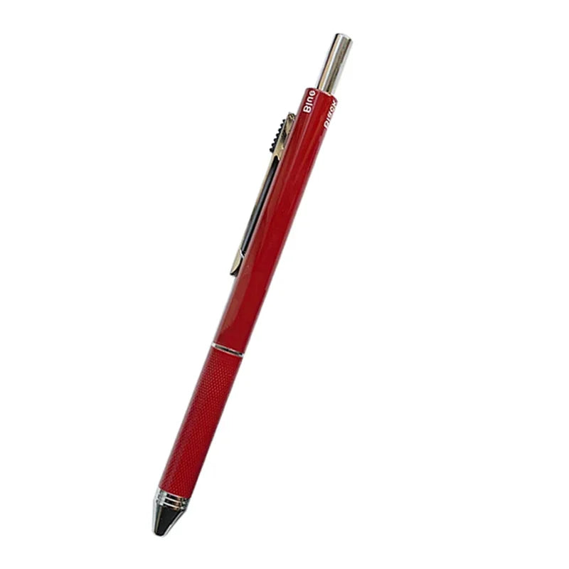 A red ballpoint pen with a mechanical pencil and gravity sensor feature visible.