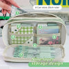 A light green pencil case with a transparent flip pocket showing various stored items and a multi-layer storage design.