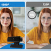 A woman with red hair wearing glasses is shown using an HD 1080P webcam in two different resolutions.