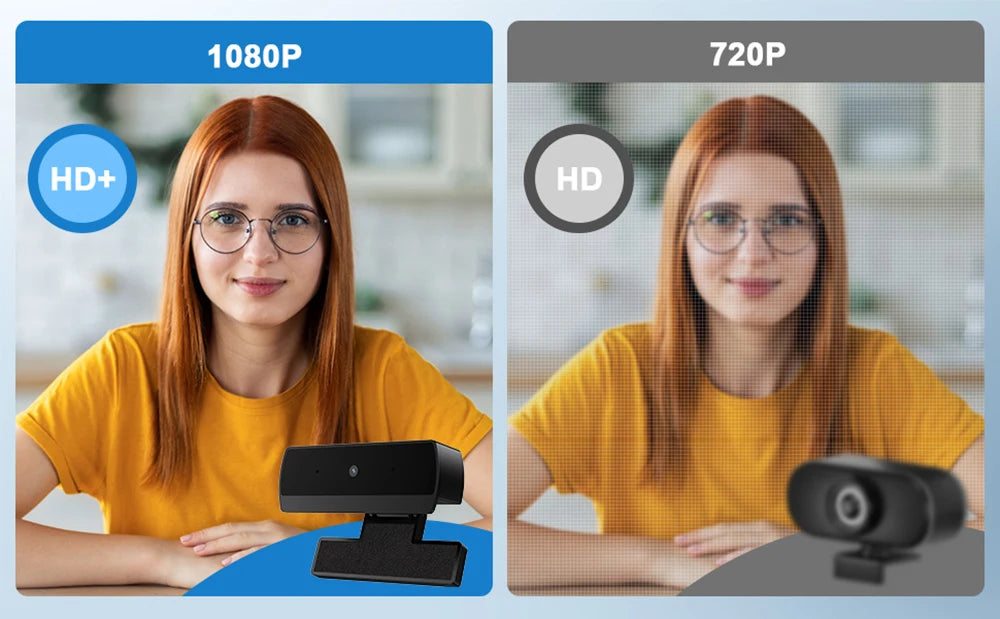A woman with red hair wearing glasses is shown using an HD 1080P webcam in two different resolutions.