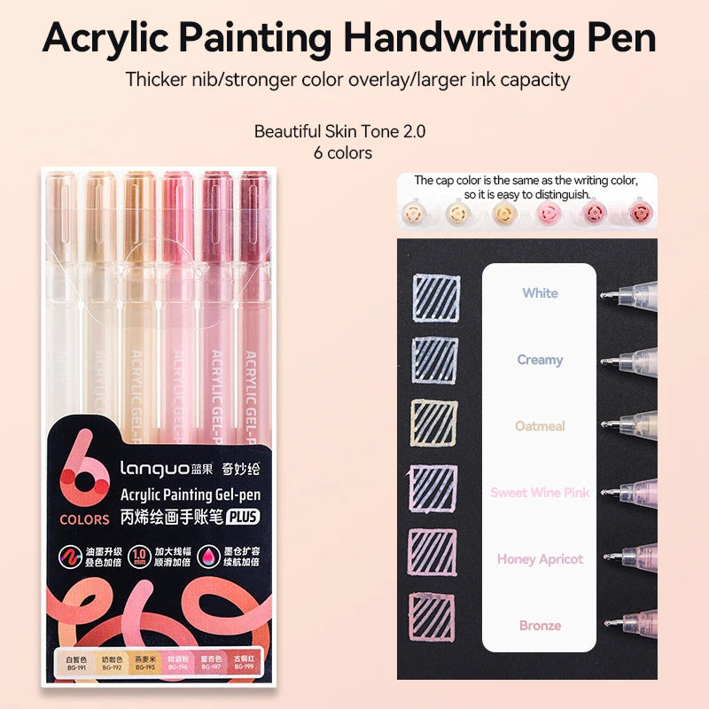 A set of acrylic painting handwriting pens in various colors displayed next to a smartphone screen showing color options.