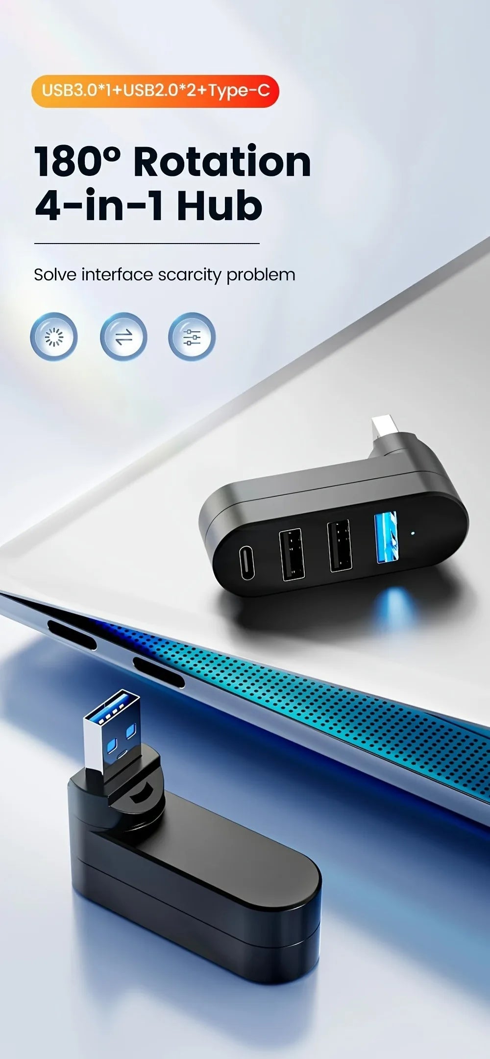 A black 4-in-1 USB hub with multiple ports is shown next to a laptop, highlighting its versatility.