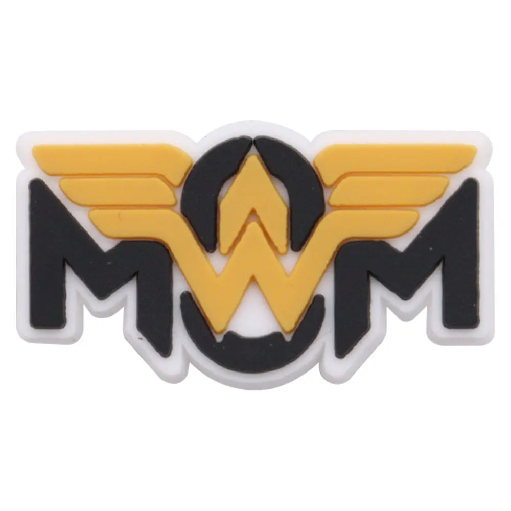 A black and yellow shoe charm set featuring the initials MWM with stylized wings.