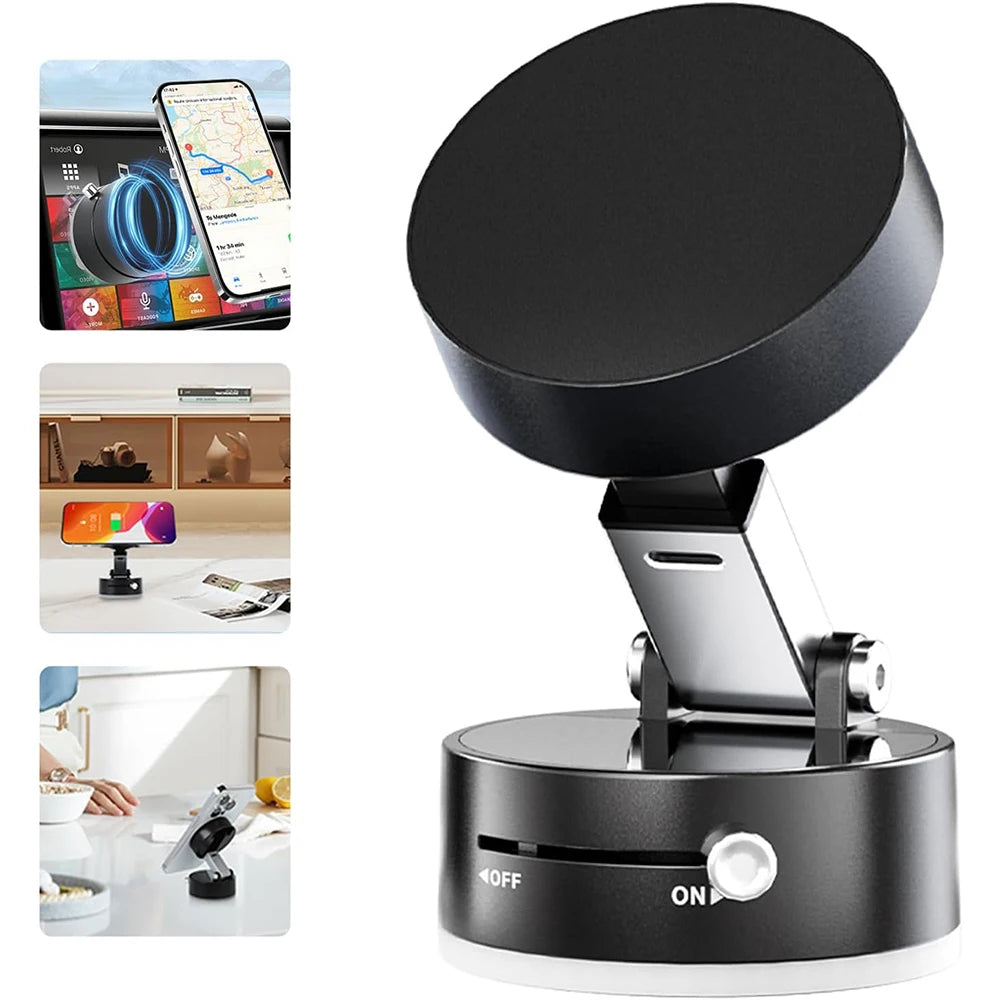 A black foldable magnetic phone holder designed for use on cars and desks.