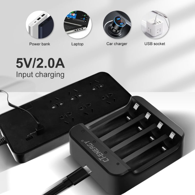 Schwarzer Lithium-Akkuladegerator mit verschiedenen Ausgängen neben Powerbank, Laptop, Auto-Ladegerät und U