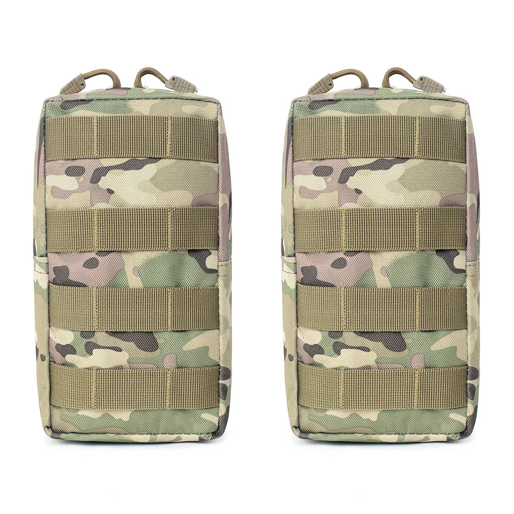 A tan tactical MOLLE utility pouch with a camouflage pattern and webbing straps.