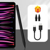 A black magnetic stylus pen and charging cable with an orange gift box shown next to a smartphone display.