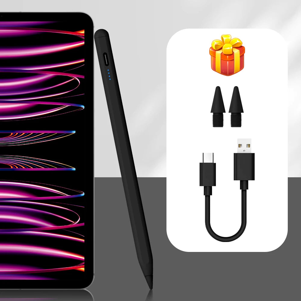 A black magnetic stylus pen and charging cable with an orange gift box shown next to a smartphone display.