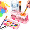 A pink plastic set containing paint brushes and a glass bottle for cleaning paints.