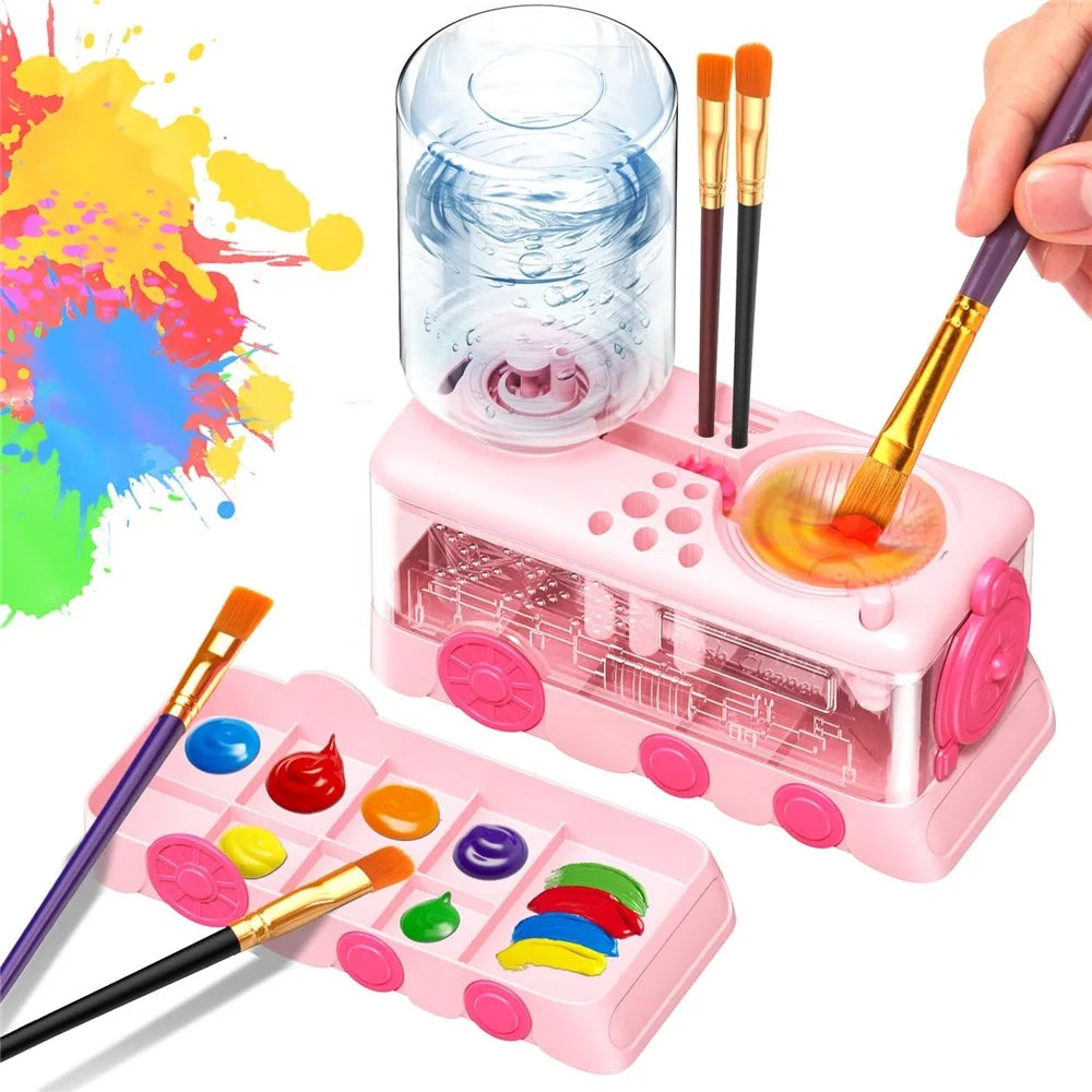 A pink plastic set containing paint brushes and a glass bottle for cleaning paints.
