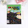 A green notebook titled SCRATCH NOTE featuring colorful illustrations and text for art projects with a yellow stylus stick.