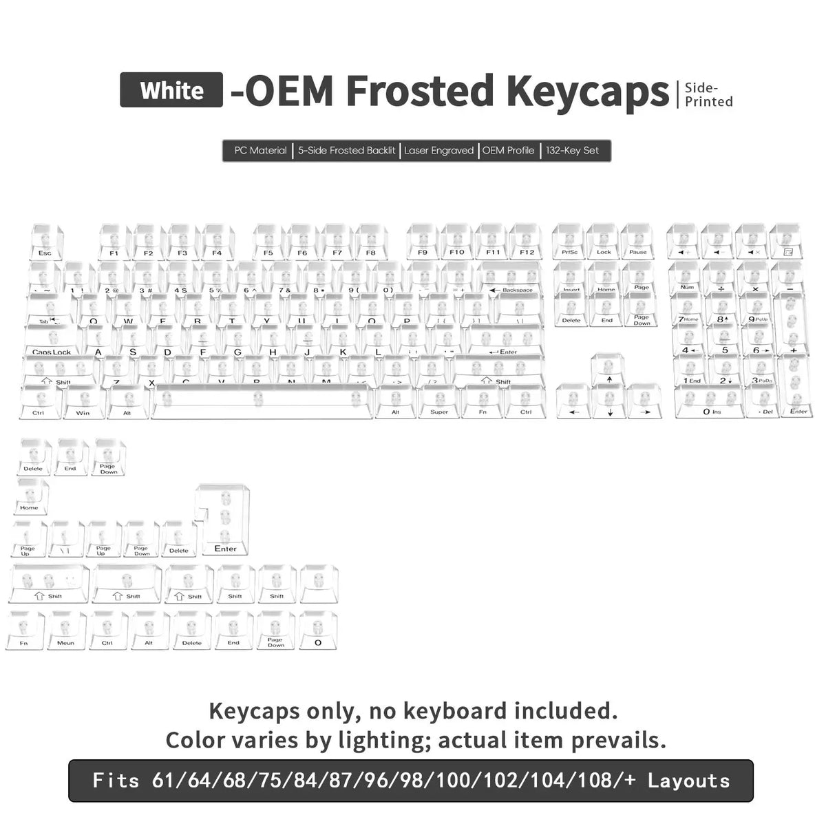 White OEM frosted keycaps for mechanical keyboards, including various layouts and profiles.