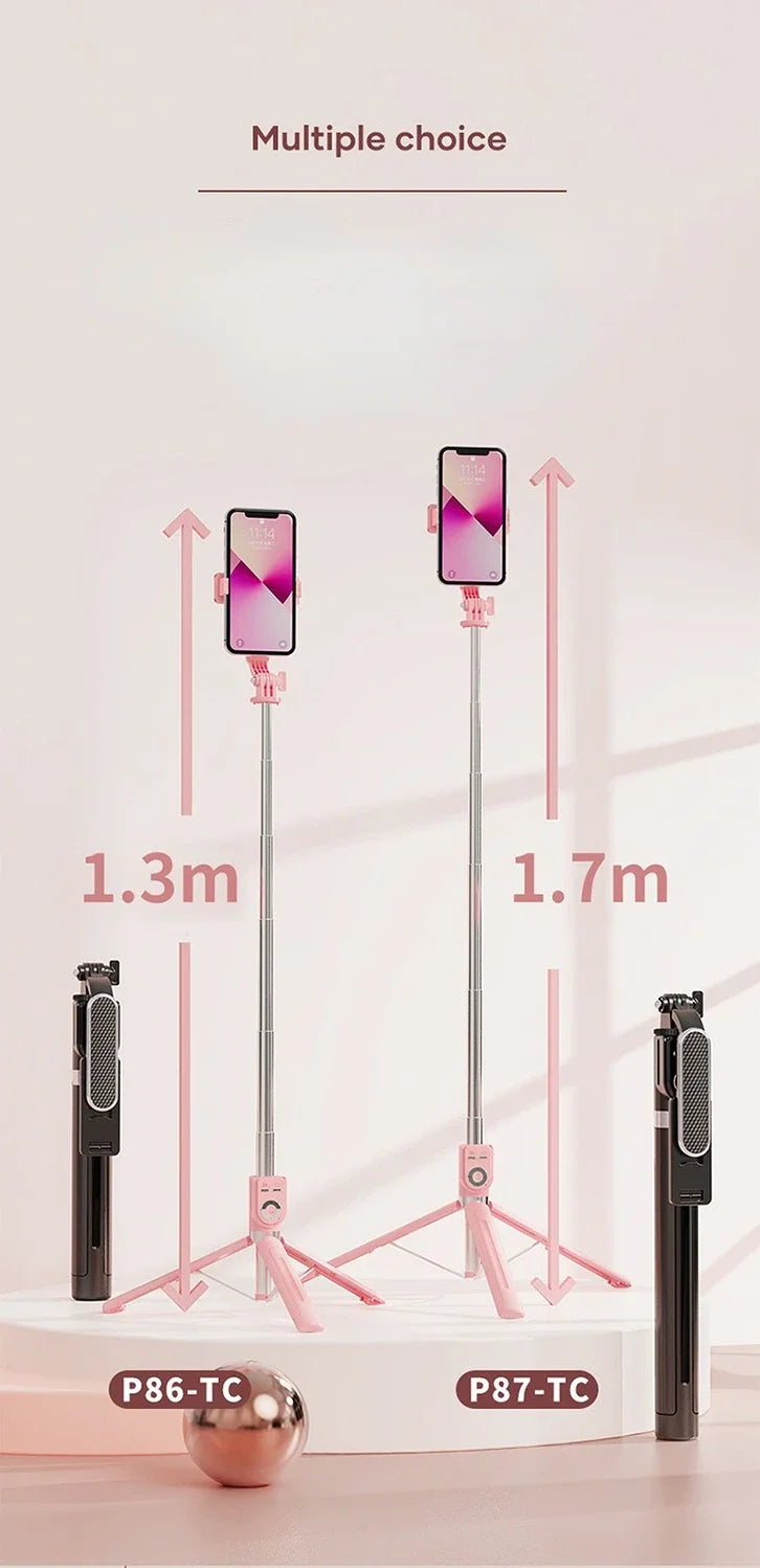 Two selfie sticks, P86-TC and P87-TC, are displayed with smartphones attached against a white background.