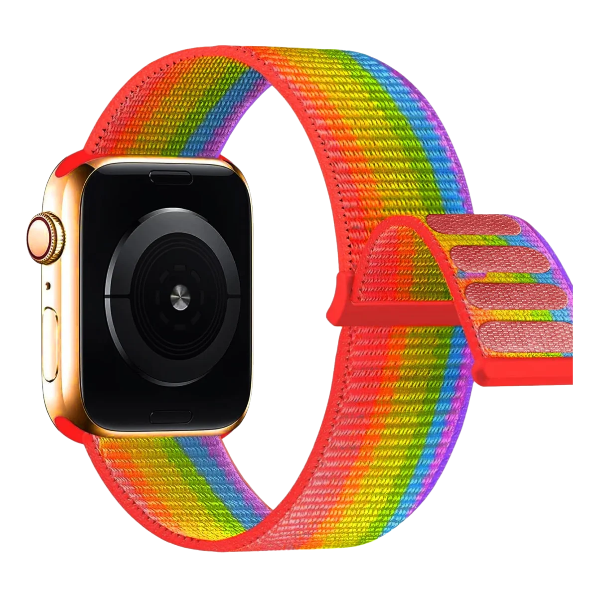A close-up of an Apple Watch with a colorful, multi-colored sport hook and loop strap.