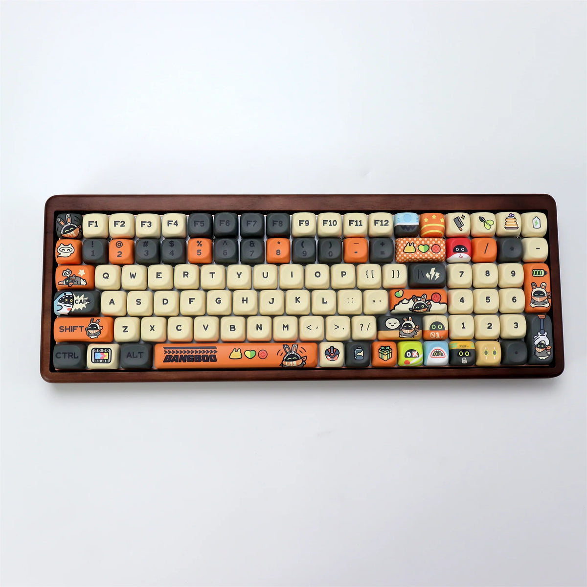 A close-up view of a brown PBT keycap set featuring various characters and symbols for a mechanical keyboard.