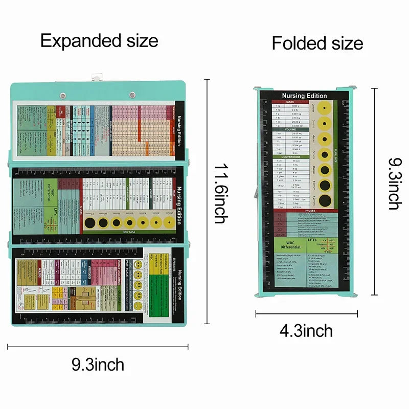 A comparison showing an expanded and folded size of a Nursing Edition medical clipboard.