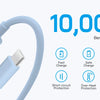 A blue USB-C charging cable with multiple connectors and features like fast charge, safe charge, and over-heat protection.