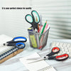 A collection of multipurpose stainless steel scissors, pens, and other stationery items in a gray storage basket on a white d