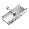 Silver 6-port USB-C hub with a card reader and mounting hardware.