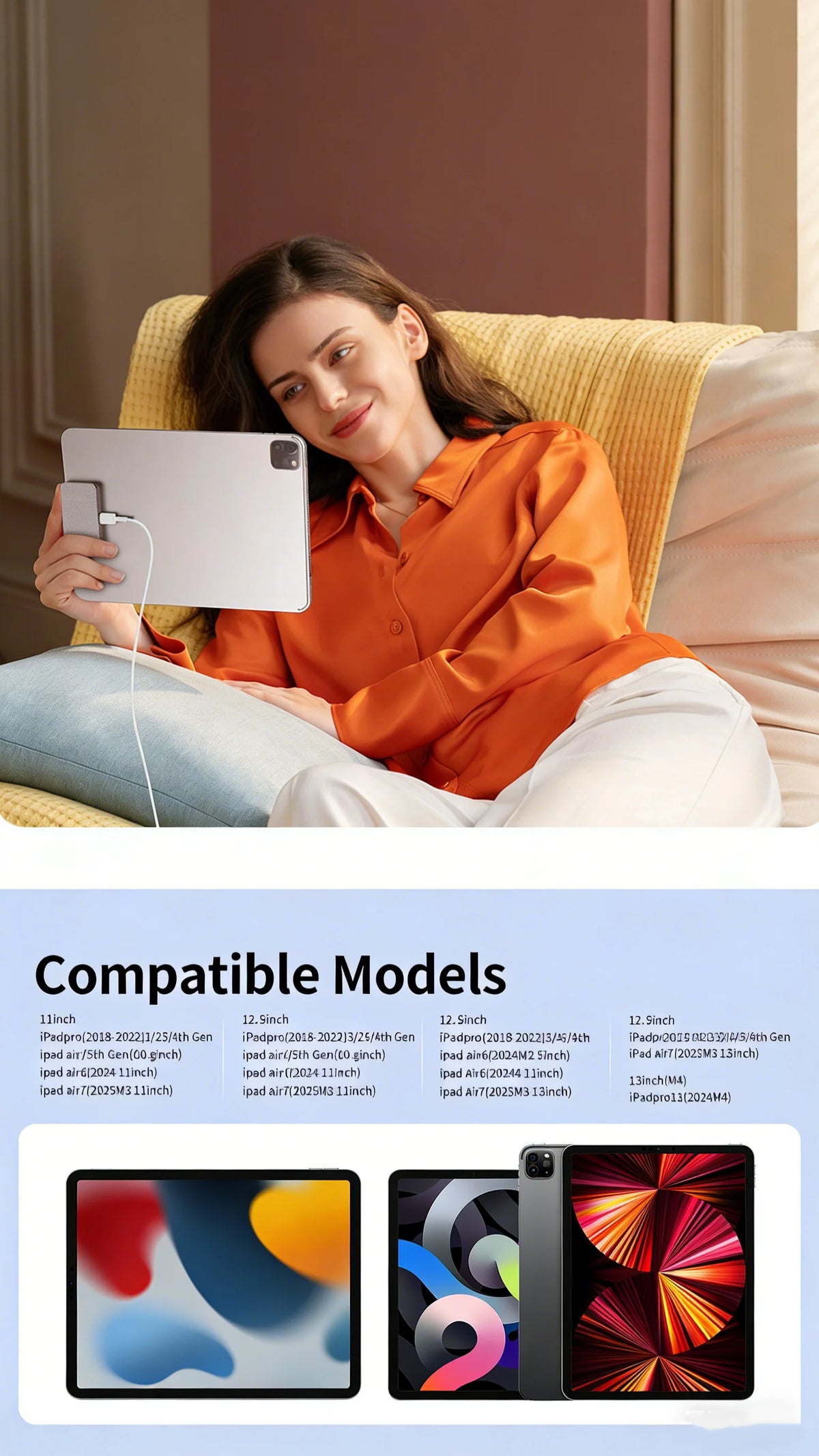 A woman is relaxing on a sofa using a magnetic wireless charging module to charge an iPad.