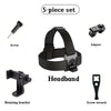 A 5-piece set of adjustable headband and mounting hardware for action cameras and phones.