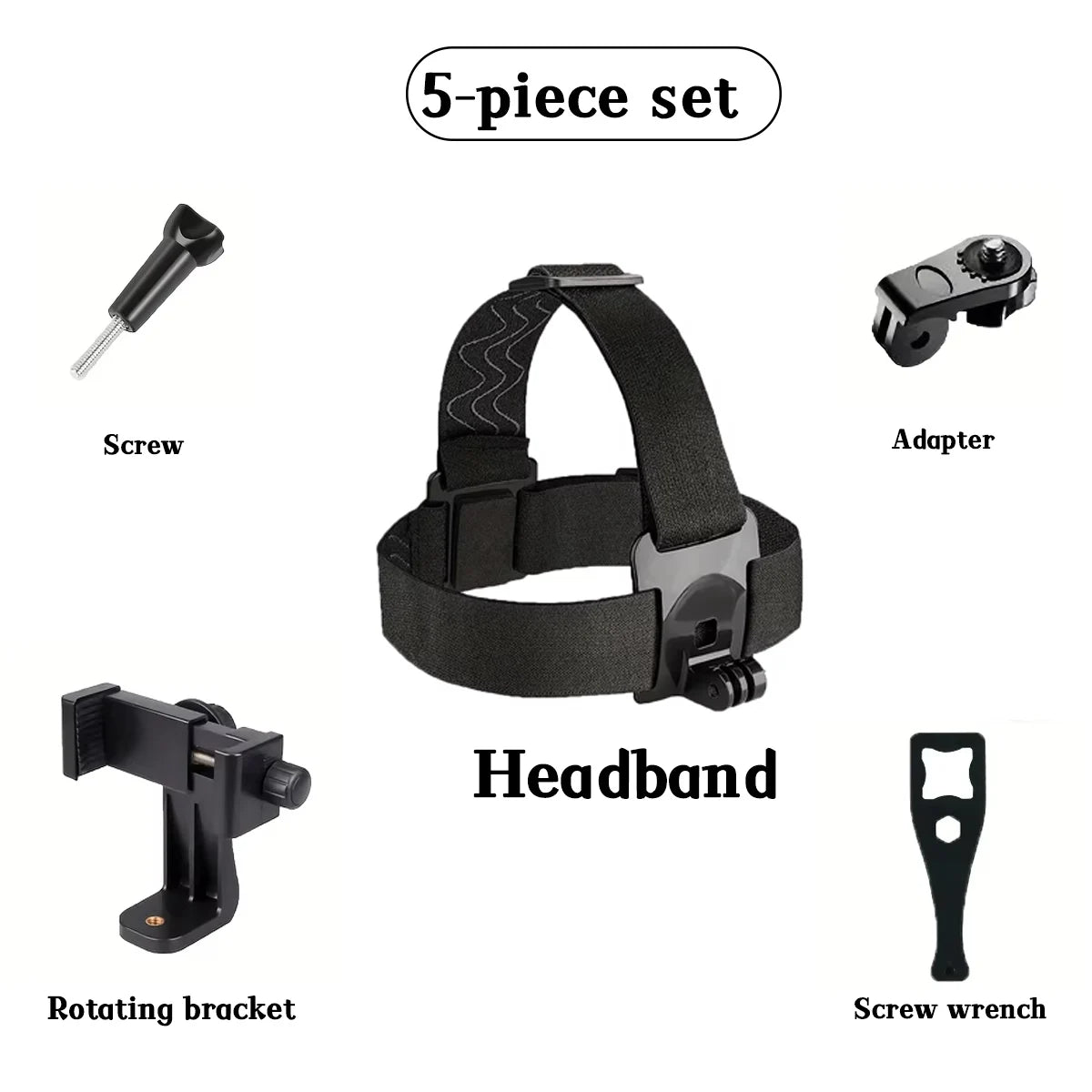 A 5-piece set of adjustable headband and mounting hardware for action cameras and phones.