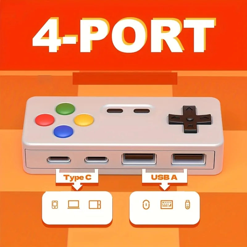 A beige 4-port USB hub featuring Type-C and USB-A ports, shown with various device icons.