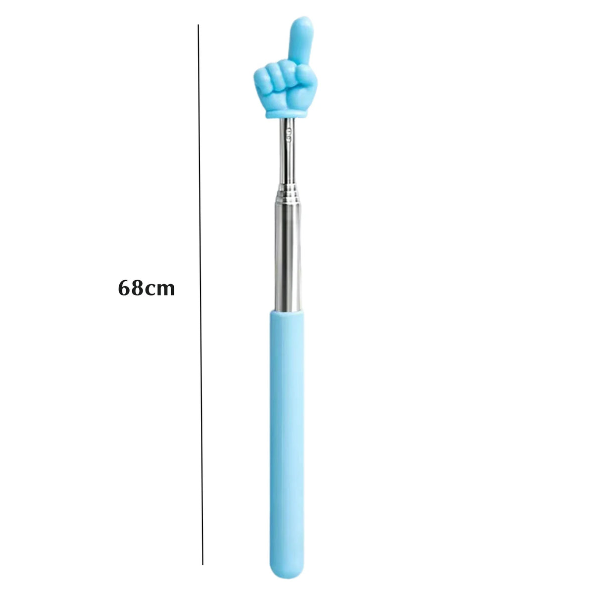 A light blue retractable teacher pointer stick measuring 68cm with a fist gesture.