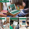 A person is using a laptop in an online class setting, with other scenes showing meetings, essay writing, and watching a movi