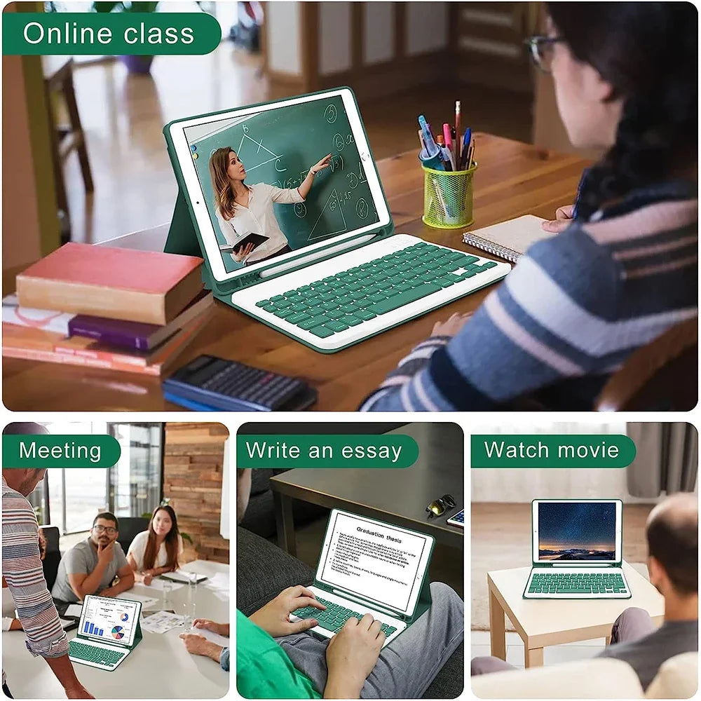 A person is using a laptop in an online class setting, with other scenes showing meetings, essay writing, and watching a movi
