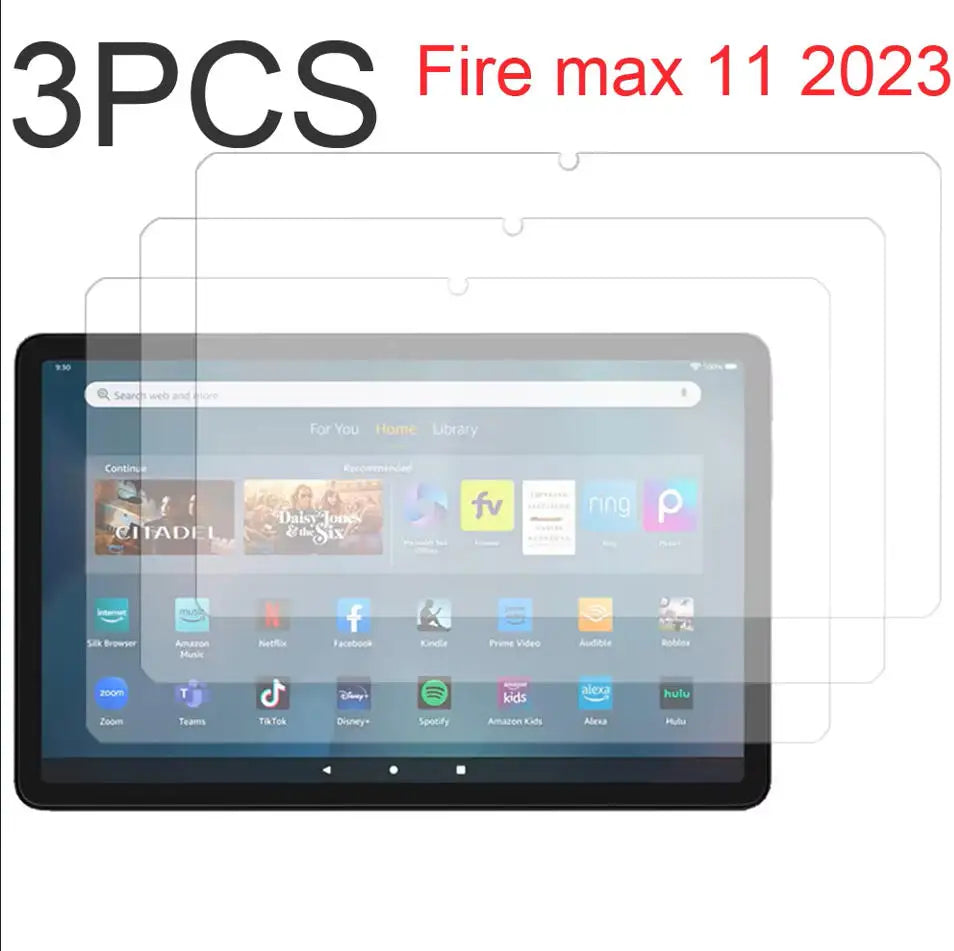 Three tempered glass screen protectors for Amazon Fire HD 10 and Max 11 devices.