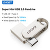 Silver metal flash drive with a clip, featuring USB 2.0 and Type-C connectors.