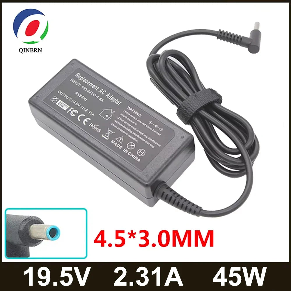 Black AC adapter for laptop, featuring a 4.5x3.0mm connector and output specifications of 19.5V, 2.31A, and 45W.