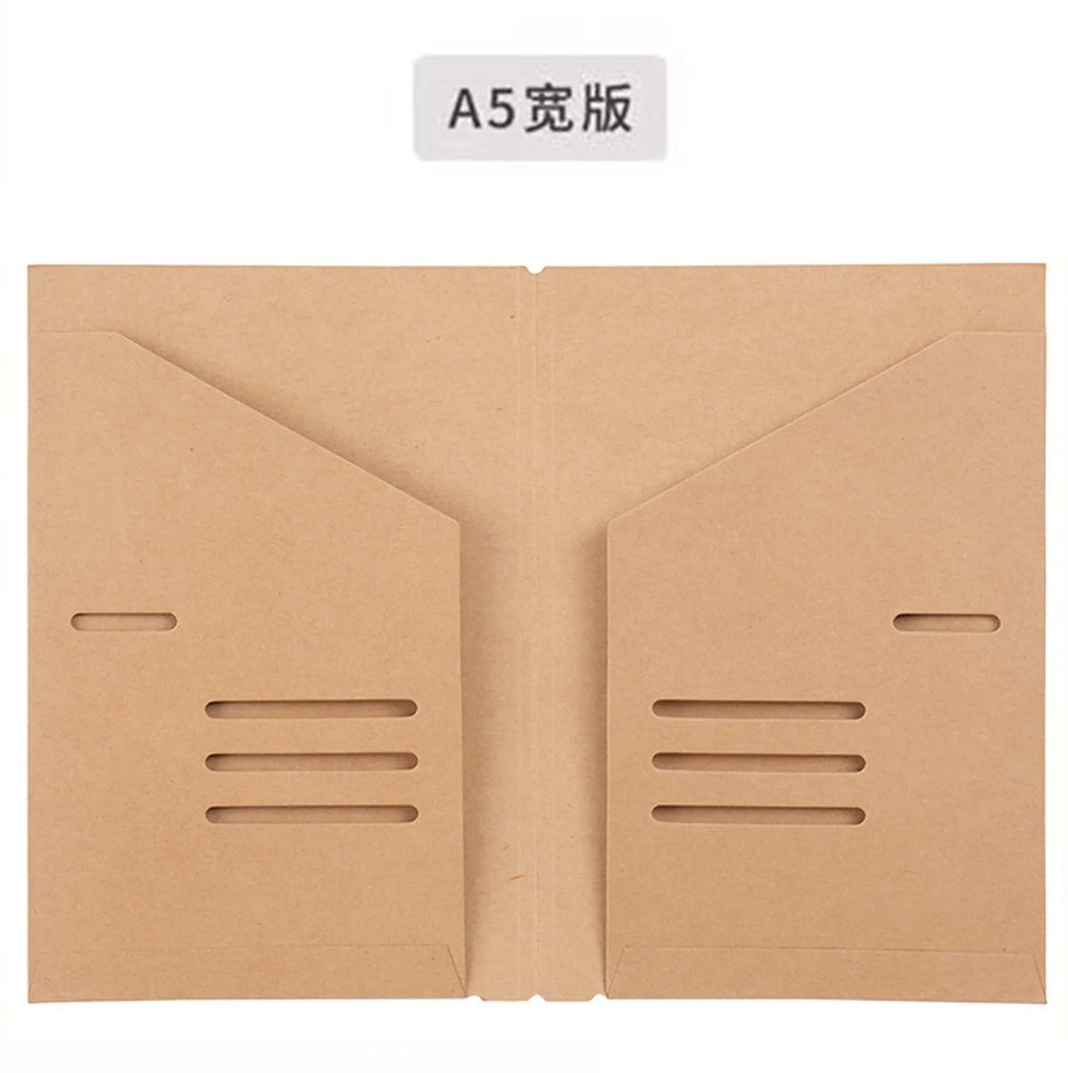 Portada A5 de una carpeta de papel kraft marrón con ranuras cortadas para guardar artículos