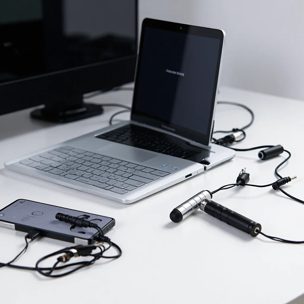 A laptop and a multi-color fine point stylus are displayed on a white desk.