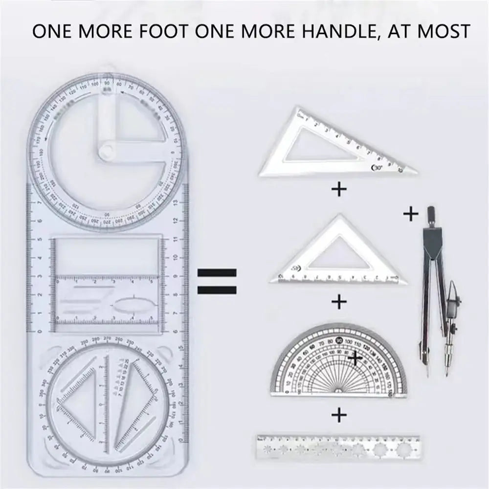 A set of geometric drawing rulers and protractors including a large circular ruler, triangles, and an arc ruler.