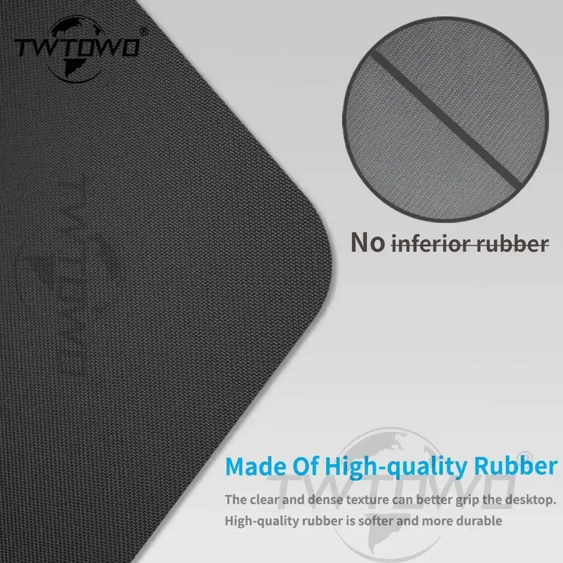 A close-up view of a black non-slip mouse pad with a plaid pattern texture and rubber grip.