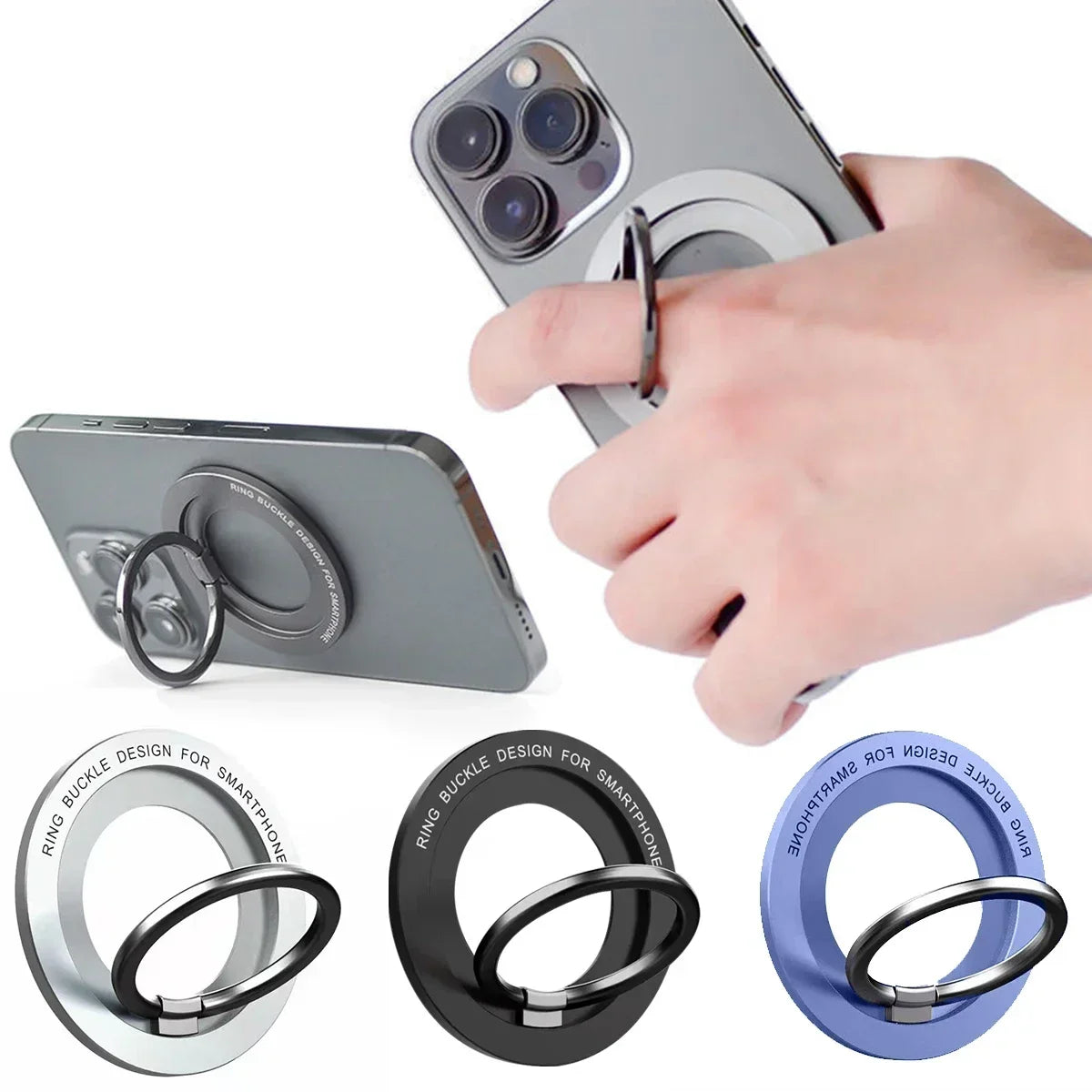 A hand holds a magnetic ring phone holder stand designed for an iPhone, shown in silver and black finishes.