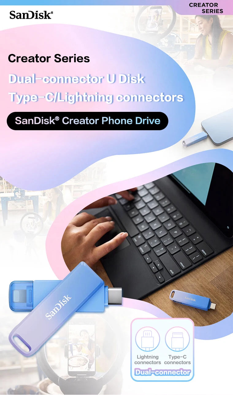 Unidad USB Sandisk Creator Phone Drive con conectores Lightning y Type-C