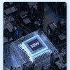 A close-up view of a circuit board chip labeled 30W, set against a dark, futuristic cityscape background.
