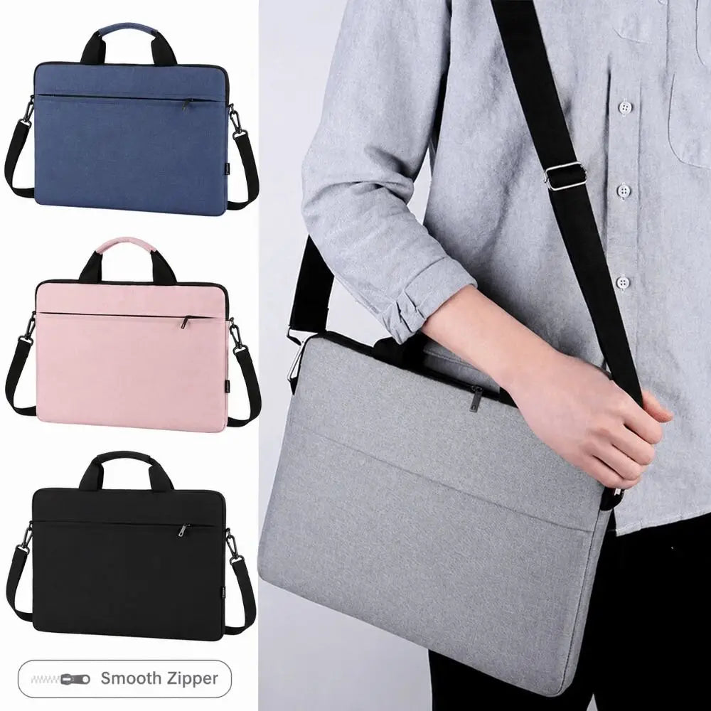 Three color options of an ultra-thin laptop sleeve bag shown in a gray shirt context.