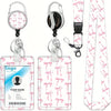 A pink patterned ID badge holder with a lanyard and a detachable clip for identification.