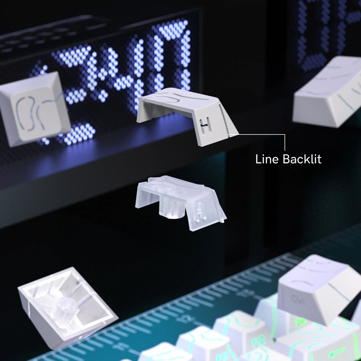 A close-up view of a topographic PBT keycap set with side-print legends, showing various white and translucent keycaps on a d