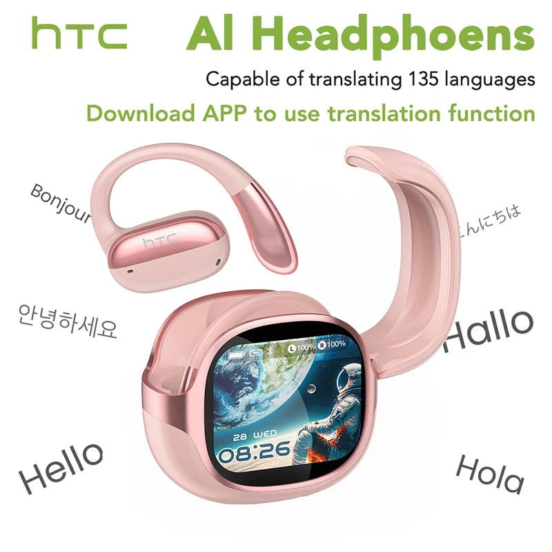 Pink HTC AI Headphones shown with an app interface displaying a translation function.