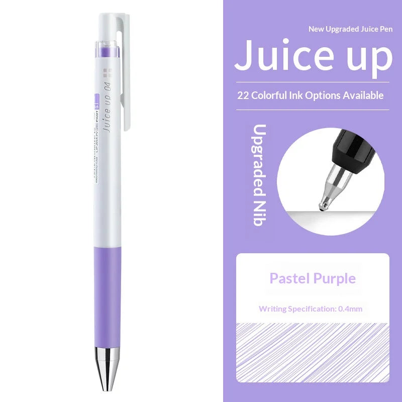 A white and purple Pilot Juice Up fine point gel pen is shown next to text detailing upgraded ink options.