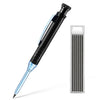 A black mechanical pencil with a clear barrel and a separate pencil sharpener is shown diagonally.